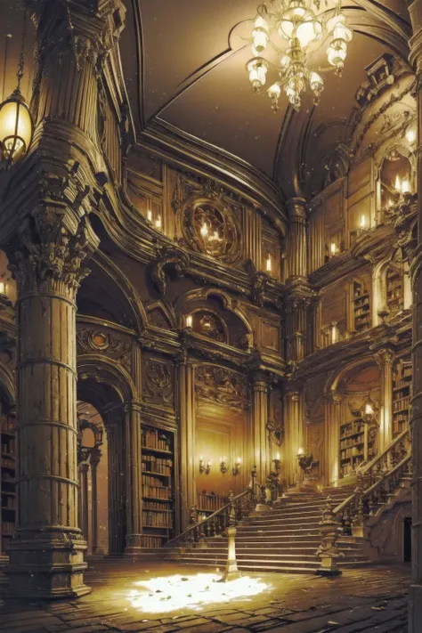 draw a detailed picture of an ancient gothic library at midnight. expensive, dark wooden bookcases reach all the way to the ceil...