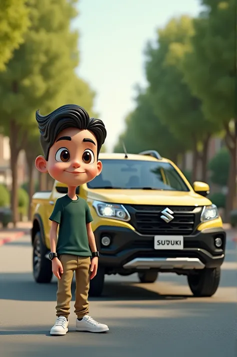 Funki pop, A little man doll, hairstyle from left to right, with almond-shaped eyes, with watch on left hand, white Adidas tennis shoes, beige jogger pants, dark green t-shirt, next to a blue-gray Suzuki Grand Vitara pickup truck, with black chrome rims, o...