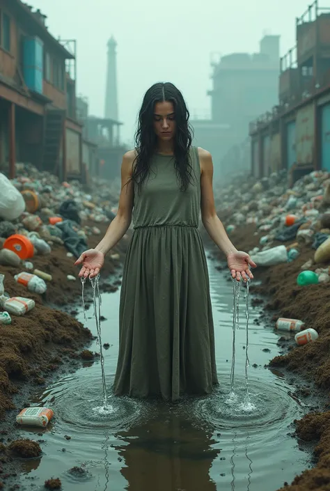 A contaminated world, disposable products, garbage, a woman with her hands outstretched and water falling on her hands and the background that is set depending on the topic that is about disposable products 
