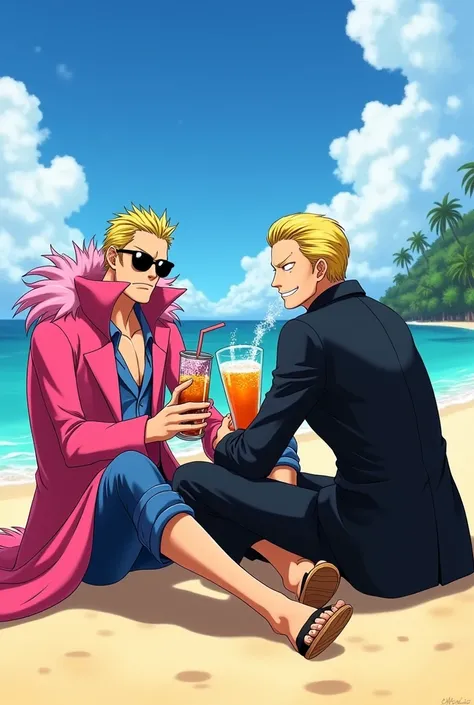 Doflamingo and sanji drinking soda on the beach anime 