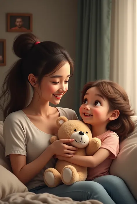 A realistic image of a mother giving a stuffed animal to her  daughter