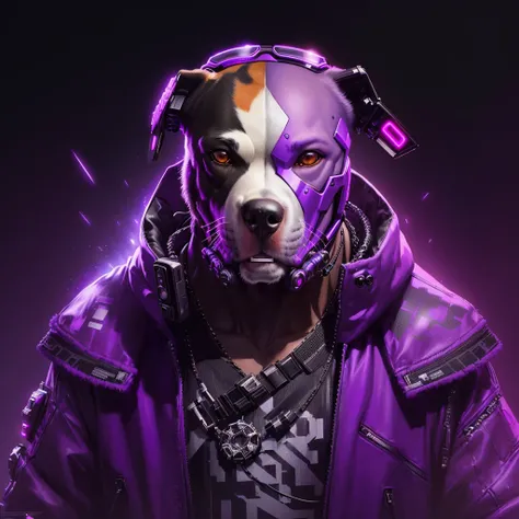 althis resolution um close-up de um cão  pitbull usando uma roupa metalica roxa e uma corrente, style hybrid mix of beetle, Wojtek FUS, high-quality portrait, cyborg - pitbull, beetle!!, hyper-realistic cyberpunk style, trends on ArtStation., cyberpunk str...