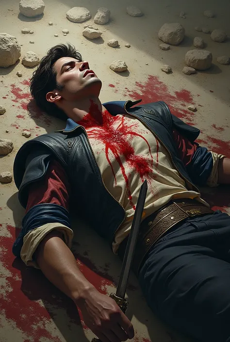 draw a prince, bleeding with a sword on his chest, laying down on the ground
