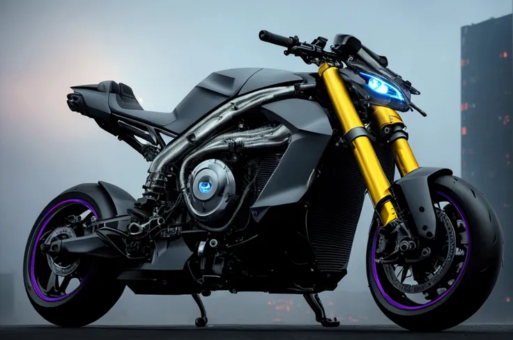 a motorcycle, hyper detailed, intricate mechanical parts, glowing neon highlights, sleek aerodynamic design, hovering above the ...