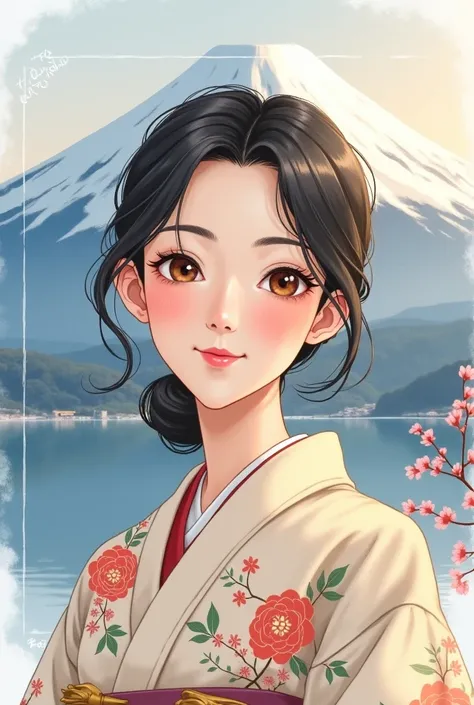 A beautiful 30-year-old Japanese woman wearing a yukata, facing forward and smiling warmly, with Mount Fuji in the background, painted in watercolor style. The composition follows the golden ratio, highlighting her serene and joyful expression. The soft wa...