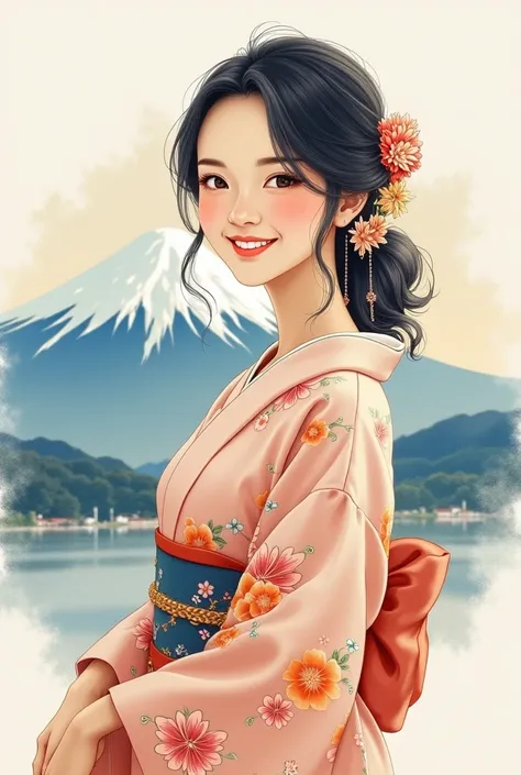 A beautiful 30-year-old Japanese woman wearing a yukata, facing forward and smiling warmly, with Mount Fuji in the background, painted in watercolor style. The composition follows the golden ratio, highlighting her serene and joyful expression. The soft wa...