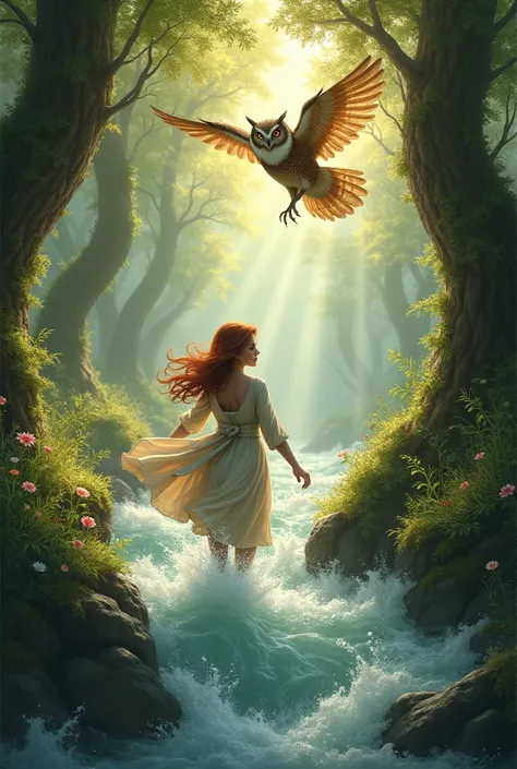 Clara crossing a river with the help of an owl in the trees
