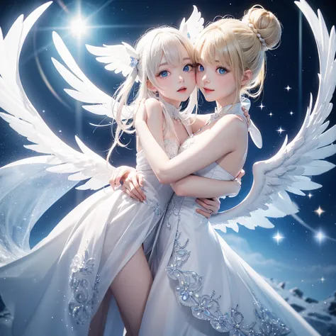 (very cute，a beautiful white figure with glowing white wings，sparkling blue eyes，3d，coquettish hug)，highest quality，very intrica...