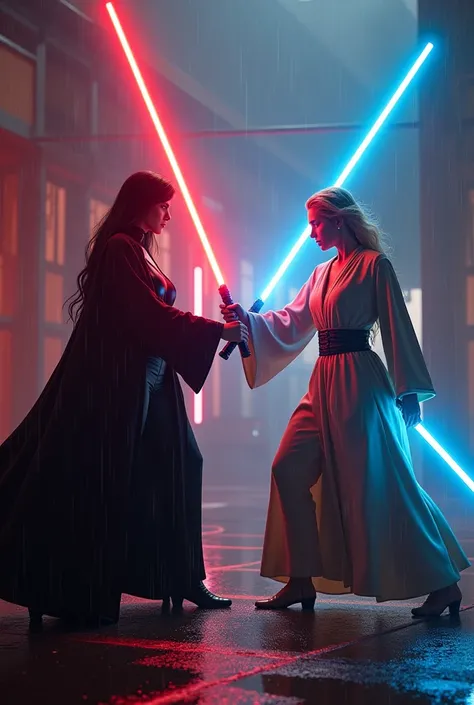 a lightsaber fight between a sith (long black straight hair, (30 years old, hourglass figure, perfect fit body, natural big breasts), femme fatale, Long eye lashes, seductive eyes, Award Winning Glamour Photograph extremely detailed award winning glamour p...