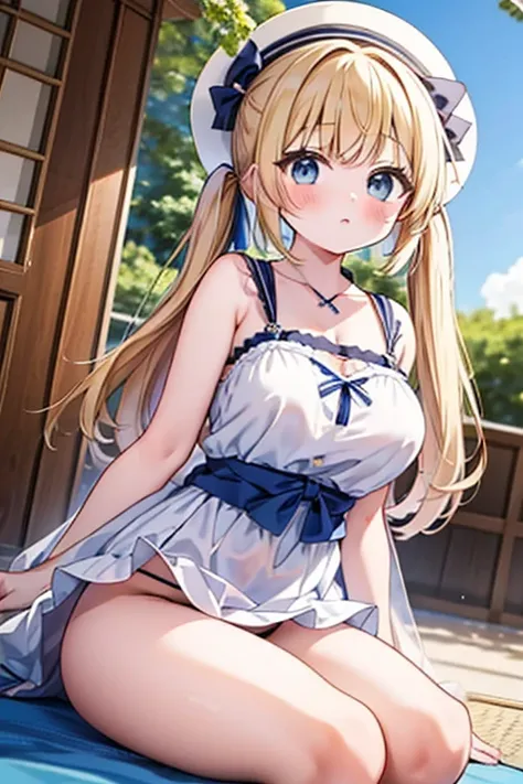 Highest quality,masterpiece,8k,Anime Style,Blonde with blue eyes、camisole、race,White camisole dress micromini skirt,Cleavage,Side view,Large Breasts、sidetie panties,NSFW, Twin tails、Cute eyes,Sun hat(Sun hat),Japanese Festivals,Stall,evening,Smooth thighs,...