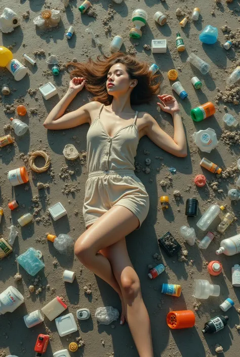 A woman lying on the floor surrounded by garbage disposable products