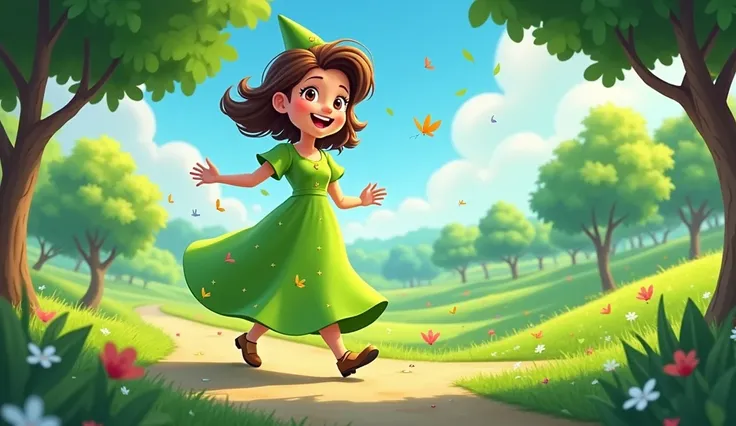 Cartoon animation of a  wearing a green party dress walking in a grassy park 