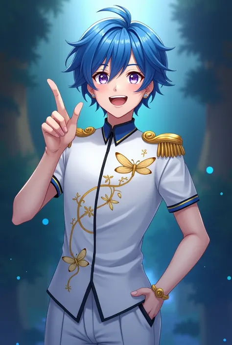 Male character image with bright purple eyes and blue hair, dressed as a prince and a black blouse with golden dragonfly pattern, a happy brunette making a pointing gesture with his right hand 