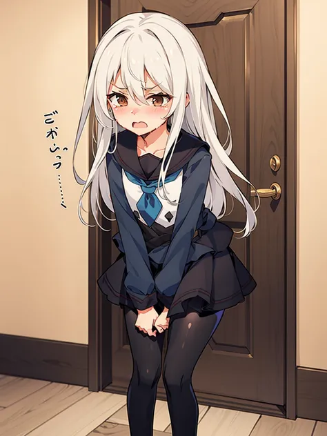 kikuzukikc, white hair, brown eyes, hair between eyes, long hair, black serafuku, neckerchief, skirt, pantyhose, 1 small girl, (...