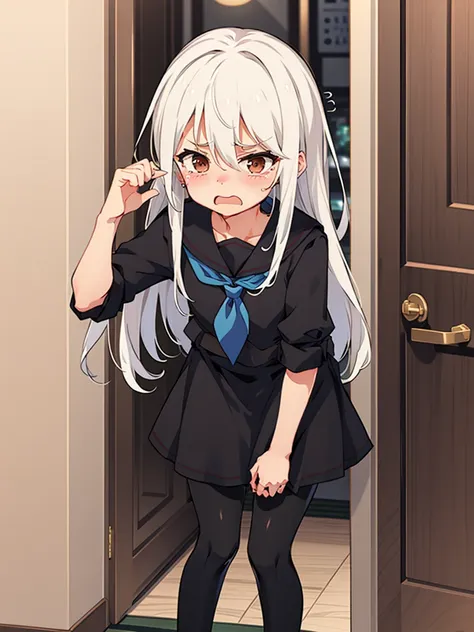 kikuzukikc, white hair, brown eyes, hair between eyes, long hair, black serafuku, neckerchief, skirt, pantyhose, 1 small girl, (flat chest, short stature:1.3), solo, looking at viewer
BREAK 
(sfw:1.3), have to pee, hand between legs, leaning forward, pigeo...