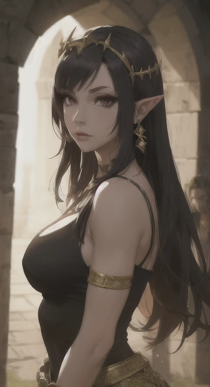 Ancient Hylian, Devine princess tifa Lockhart, looking at viewer, POV, ancient Golden goddess armor, long messy hair, ancient Hyrule, medieval castle, 