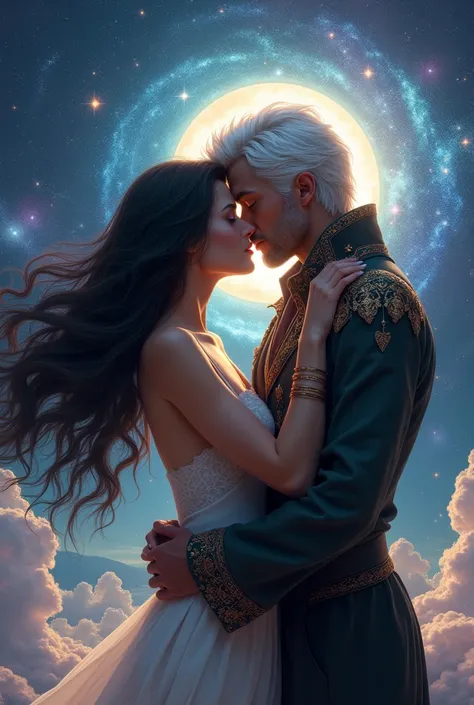 A woman with long black hair kissing a man with white hair, ao longe, looking at the universe in the background, fantasy art