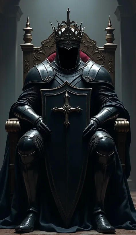 A dark knight sitting on a , shield in hand , we can&#39;t see his eyes and he has a crown on his head 