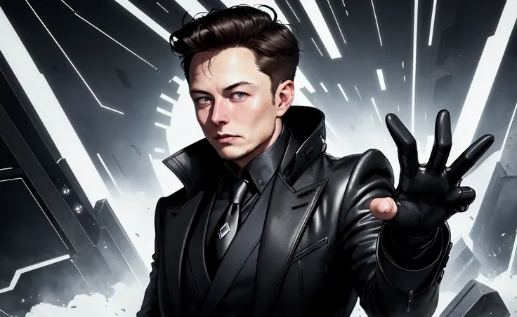 Elon Musk digital art portrait of a man with short dark hair styled up and fair skin. The subject&#39;s face and hand are composed of small blocks, rectangular, pixel-like, giving a futuristic and fragmented appearance. Hes making a peace sign with his rig...