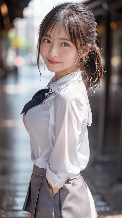 (Highest quality,masterpiece:1.3,Ultra-high resolution),(Very detailed,Caustics,8k),(Realistic:1.4,RAW shooting),1 girl,(Smiling and looking down at the camera),(View here)、cute,Japanese,Black short ponytail,((A tight-fitting uniform blouse)),((mini skirt)...