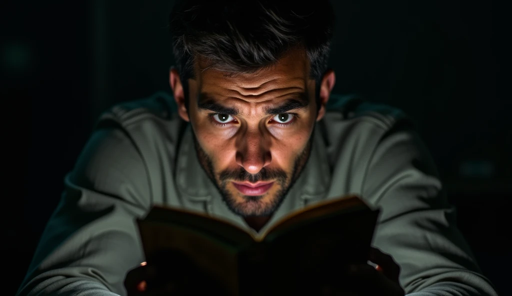 His face reflects a mix of fear and curiosity as he spots the book.