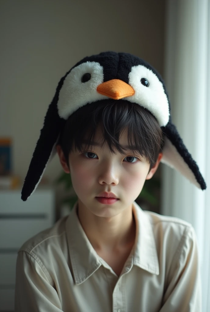 Create a submissive Korean boy with a penguin hat 