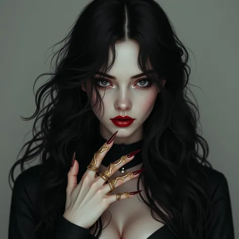 woman with long black hair. she has pale skin. the pupils of his eyes are black. She has a somewhat sarcastic way and at the same time she is very sensual and provocative.. she wears a long black dress. On her hand she wears rings that look like golden cla...