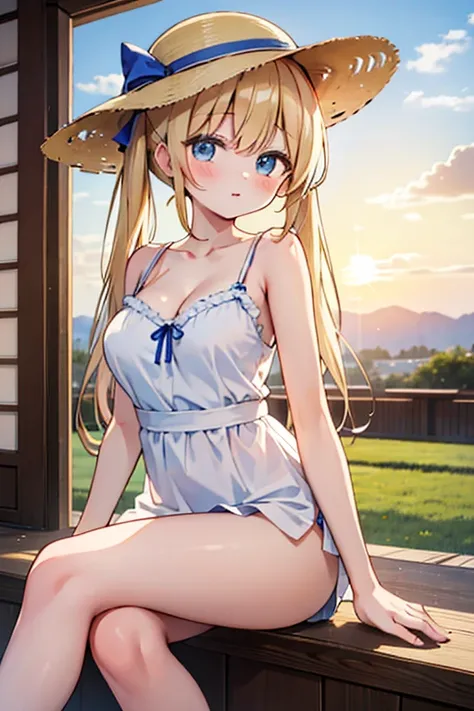 Highest quality,masterpiece,8k,Anime Style,Blonde with blue eyes、camisole、race,White camisole dress micromini skirt,Cleavage,Side view,Large Breasts、sidetie panties,NSFW, Twin tails、Cute eyes,sun hat(sun hat),Japanese Festivals,Stall,evening,Smooth thighs,...