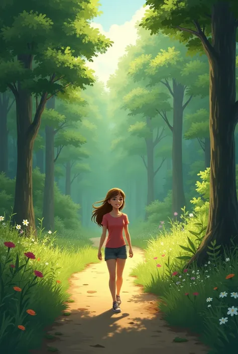 Image: Clara walking back to the village with a smile, while the forest is left behind.