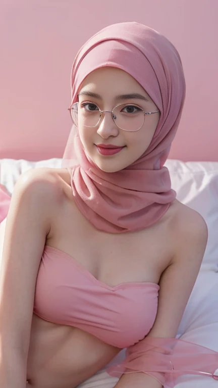 top Quority，Ultra-clear resolution,  ((Cute girl , with a  pink hijab)).  Body.  Sexy. Slim.  Thin.  Captivating,    ((Wearing glasses)),   Make-up face,    pink lipstick,    ((hijabi)),

((Micro panties. Strapless tube Bra)).   long legs_full body.    Spo...