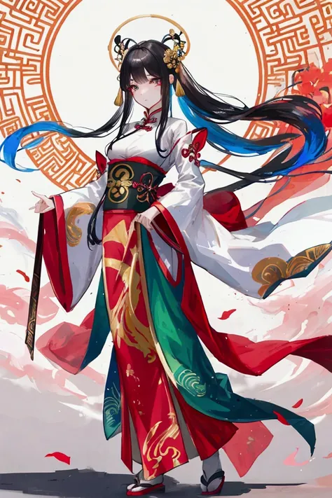 national current，complex background，full body portrait，dynamic action，floating，（The anthropomorphization of Chinese mythical beasts，beautiful girl，Wear colorful clothes），full body standing painting，wide sleeves，big watery eyes，Beautiful face and smooth fai...