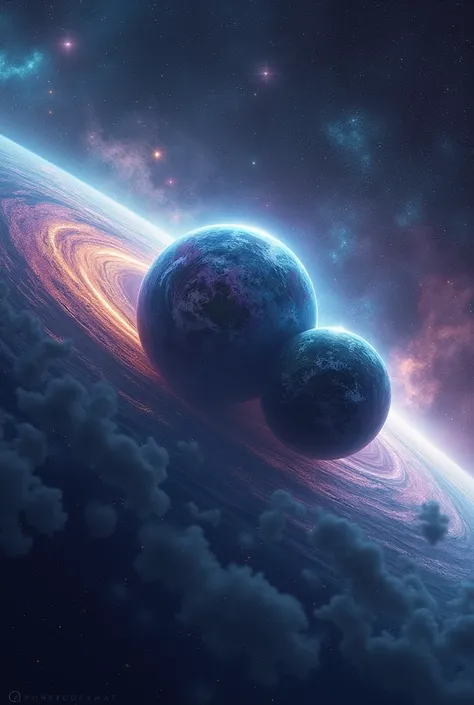 Two planets colliding, background the universe with infinite stars and colors blue, violet and green water 