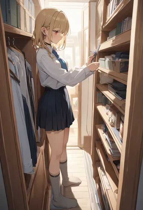 Browsing Caution. (masterpiece, Highest quality, so beautiful, Very detailed), Intricate details, kitagawa marin, sono bisque doll wa koi wo suru, blonde, Red eyes, ear piercing, Barbell Piercing, Black choker, Collared shirt, White shirt, Earrings, Blue t...