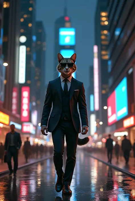 A man dressed in a suit,Cats head, wearing sunglasses,walking down a busy avenue full of buildings at night 