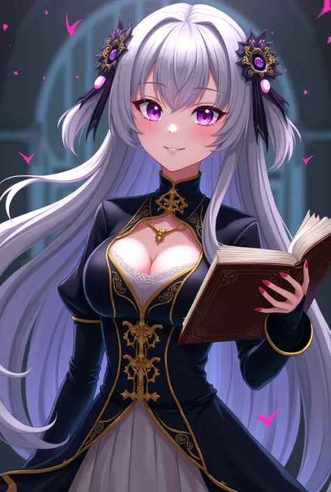 Anime girl with round silver hair and purple eyes wearing a black and yellow medieval themed uniform using a grimoire