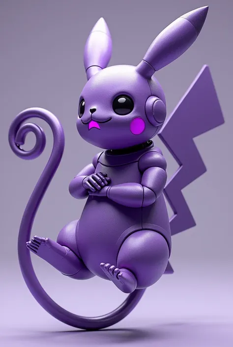 Create a humanoid purple animatronic with a purple pikachu mask, the purple pikachu mask has an led screen visor, gloved animatronic hands, long cord tail, floating in the air pose, long cord tail curling up , curling up pose, Best Quality, High Details, S...