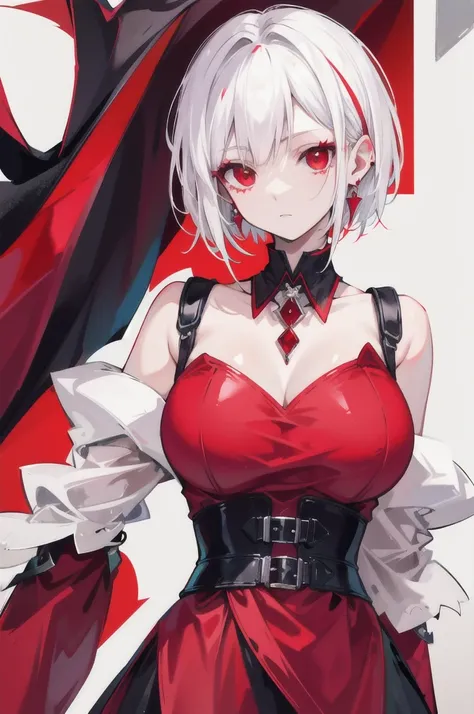 Red earrings, short hair, White hair, High resolution, Closed mouth, Red eyes, vampire oufit