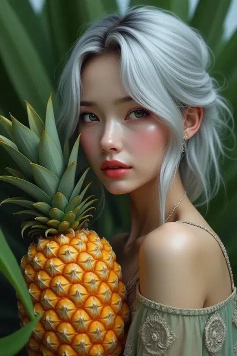 ((Highest quality)), ((masterpiece)), (detailed), One girl, sexy,Pineapple,FF Pineapple,Silver Hair,