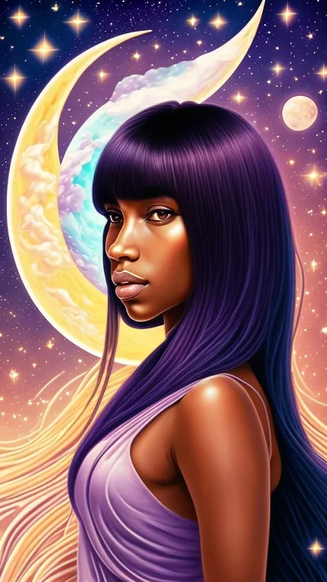 mobile wallpaper design of a (Dark-skinned:1.2), latin mixed race, woman with long straight hair with bangs, brown eyes, holding the moon on her hands, [[extremely detailed]], [[artistic]],[[stilysh toon:1.5]], [[thicker outlines:1.5]], [[masterpiece:1.3]]...