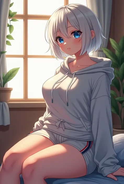 Anime girl with white hair and blue eyes, big breasts, short white hair, sitting near the window of a cozy room wearing a hoodie and long sport shorts