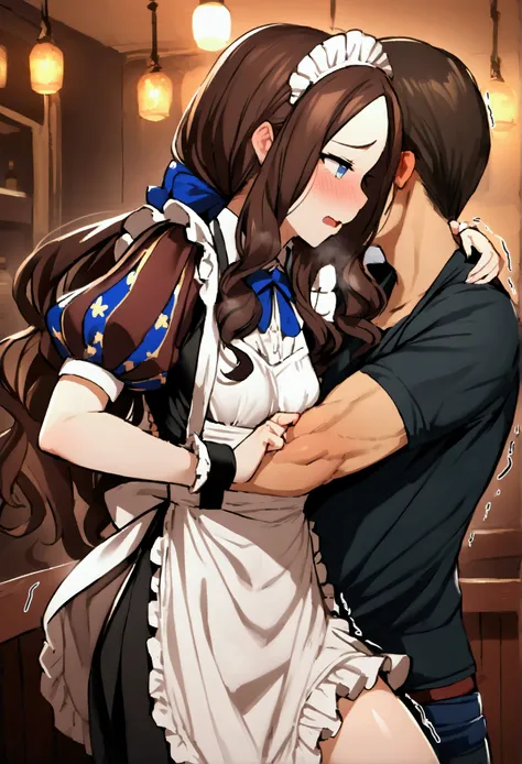 NSFW,masterpiece,Highest quality,High resolution,Very detailed,Leonardo da Vinci(Fate/grandorder),blue eyes,Long Hair,Brown Hair,Side Lock,Low Ponytail,ribbon,Short sleeve,Wrist cuff,maid,apron,Headdress, Black knee socks,Small breasts,Embarrassed,Nightlif...