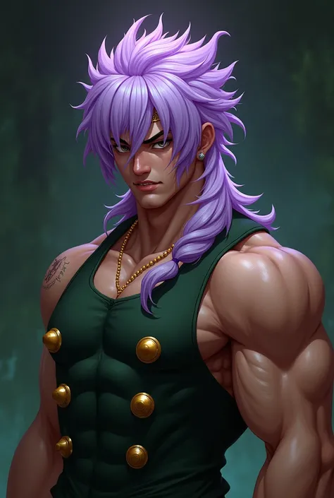 Muscular man with straight bangs with a parting a little past the middle of the hair light purple look looking like fire dark green tank top with gold buttons and brown background