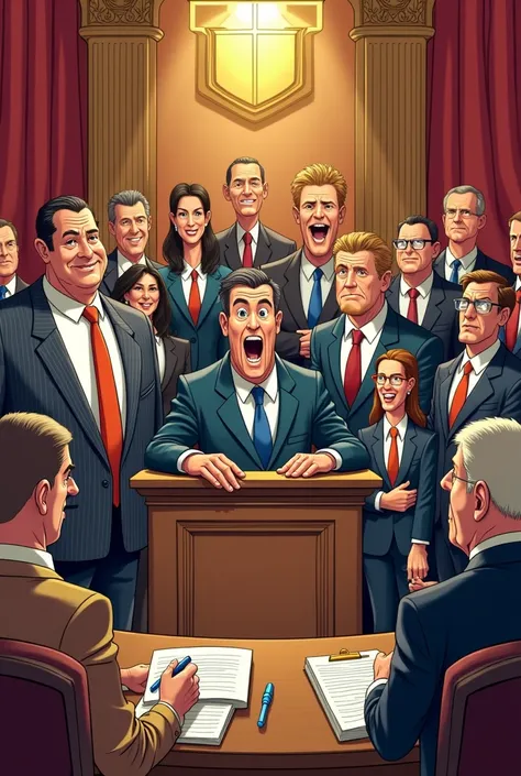 Make a cartoon image that represents the law in court in the form of satire