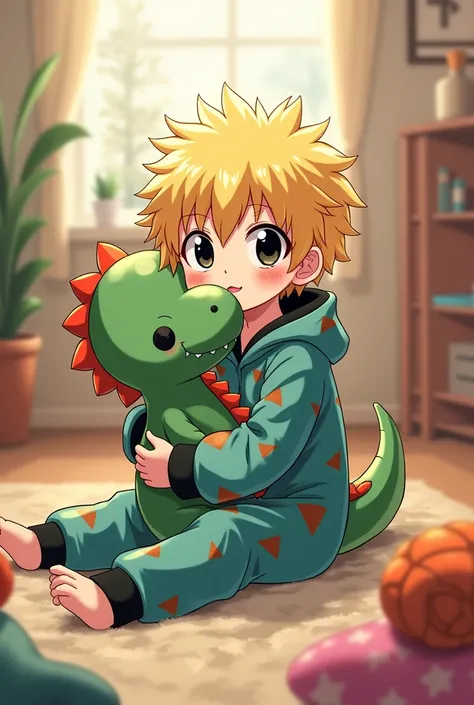 Create an image of a  from the anime Boku no hero with blonde hair and black eyes and dinosaur pajamas with a dinosaur stuffed animal