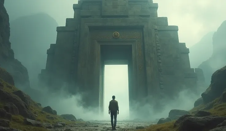 Young man reaches an old, mystical temple, as described in the book, serving as a magical gateway