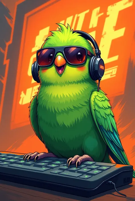 Create an anime-style image of a green parakeet with gaming headphones doing a live stream and a background image with the name "Out of safe" in orange color