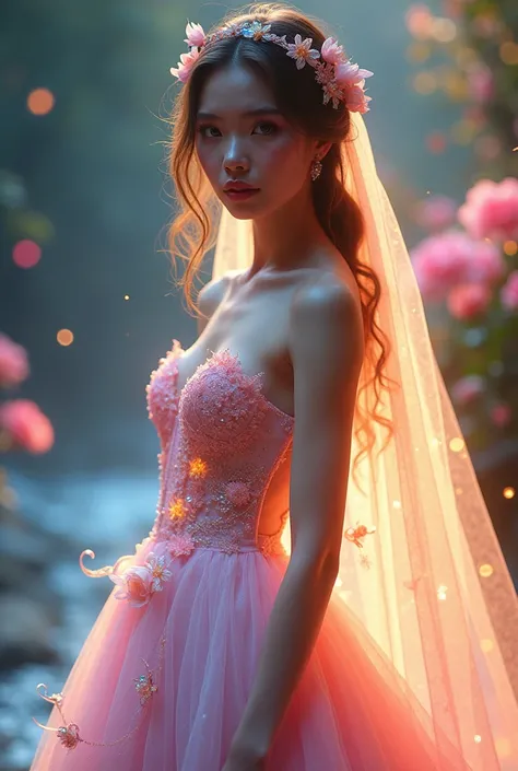 Beautiful girl wearing a fantasy dress with colorful light wedding 