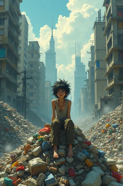 City covered in garbage with a filthy person on top, Ghibli style