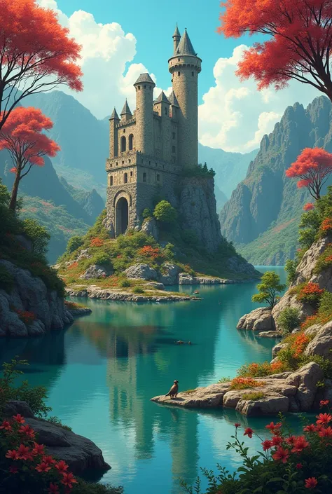 2D drawing with surrealist aesthetics of a fantasy setting of a ruined castle with a creative and dynamic format surrounded by a lake in the middle of a colorful and exotic forest.