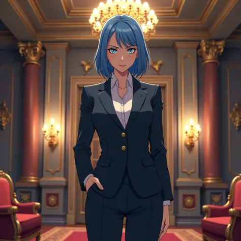 Anime 2D woman, blue hair, serious face, middle age, dress clothes, in a mansion.